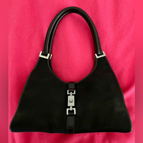 Gucci Vintage Mini Jackie Bardot BLK Canvas w Leather Trim Shoulder Bag